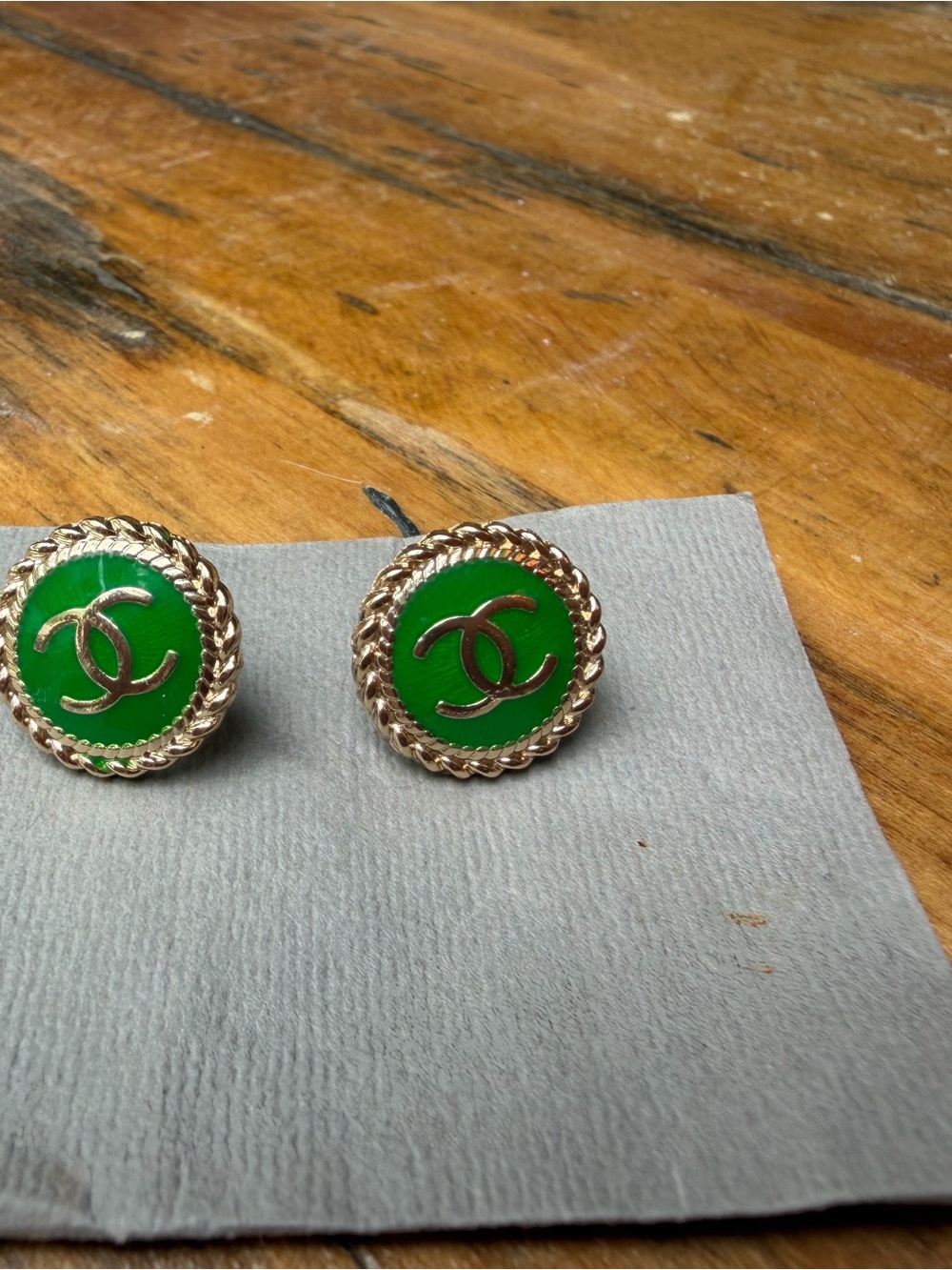 CHANEL Green Enamel CC Logo Gold-Tone Round Earrings